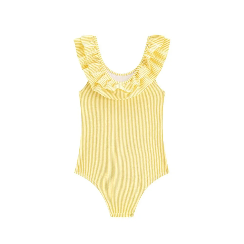 LIZENS Girls' Yellow One Piece Swimwear Stripe Ruffle Striped Swimsuit Kids 4-5T